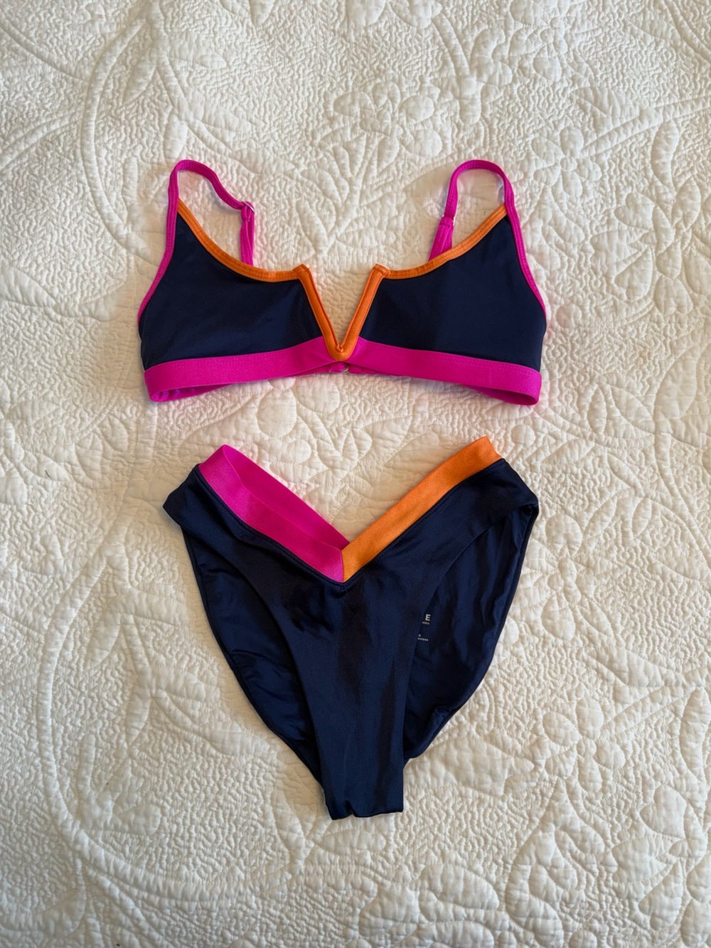 Navy Colorblock V-Notch Bikini with Pink and Orange Trim